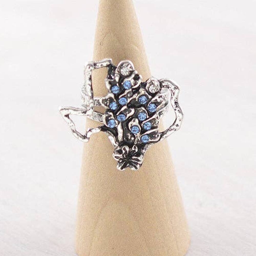Rhinestone Bluebonnet Texas Cuff Ring - Silver